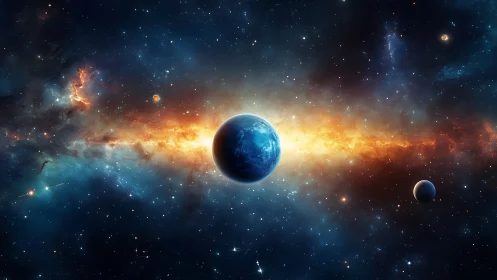 Planetary silhouette framed by blazing galactic nebula.