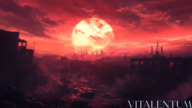 Ruined industrial cityscape under oversized red sun at dusk.