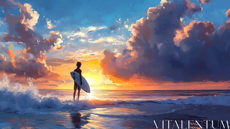 Digital painting seascape with silhouetted surfer at sunset.