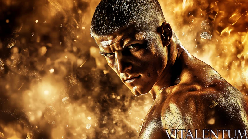 Fierce fighter turns through glowing sparks and rising heat