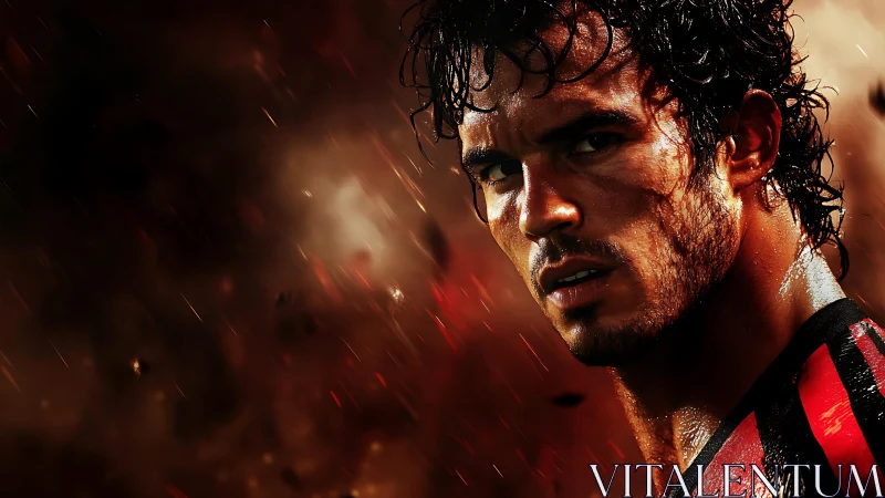 Storm-lit striker glaring through cinematic ember rain.