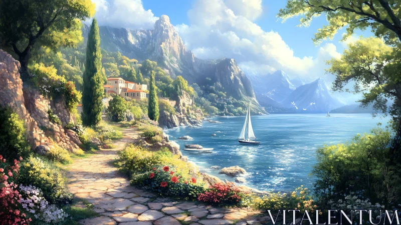 Sunlit coastal path whispers toward a sapphire-sailed afternoon