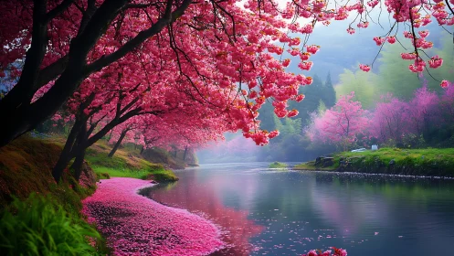 Cherry trees form dense pink canopy over reflective river