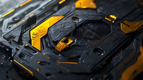 Black and yellow sci fi circuit panel shows wet metallic surface