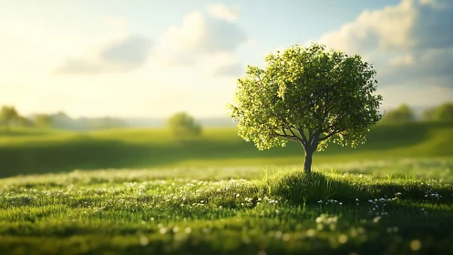 Lush Green Tree in Sunlit Meadow, Soft Focus Landscape Scene.