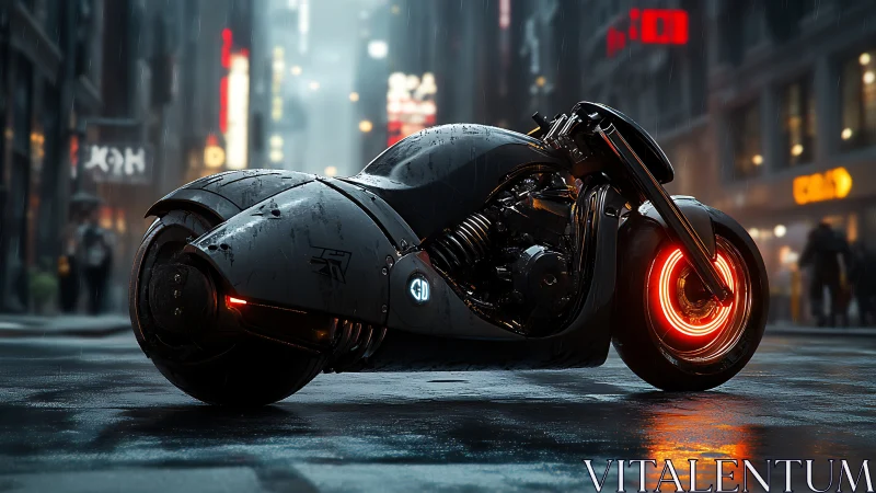 Futuristic motorcycle on wet city street at night scene.