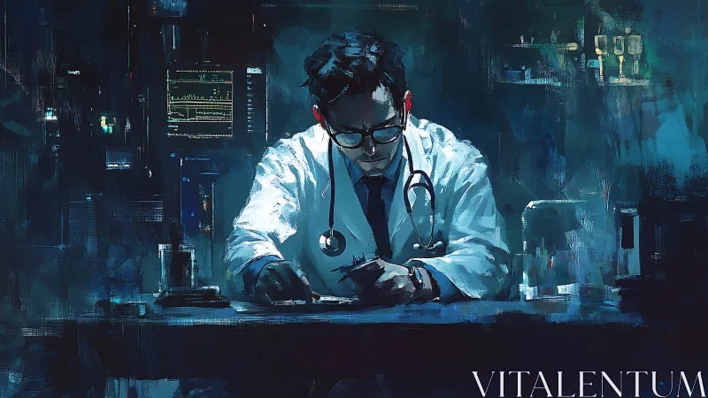Midnight doctor decoding heartbeats in neon laboratory hush.