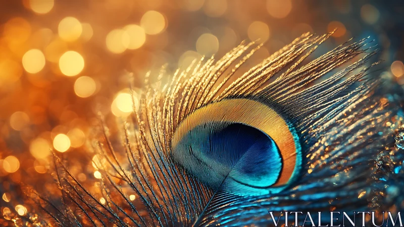 Macro peacock feather with golden bokeh light background.