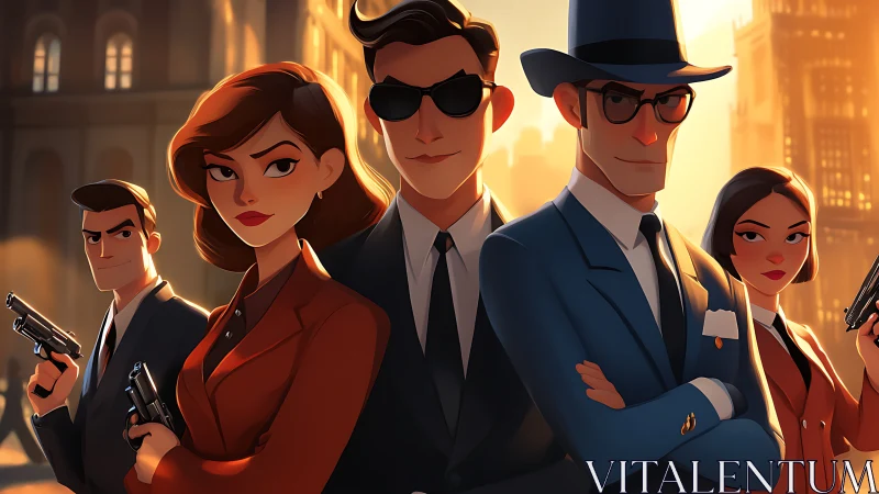 Stylized spy team stands armed in sunlit city street
