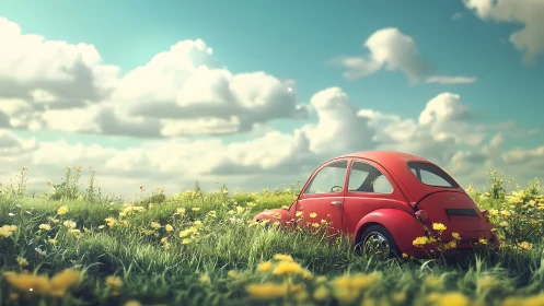 Red compact car is parked in tall grass under clouds
