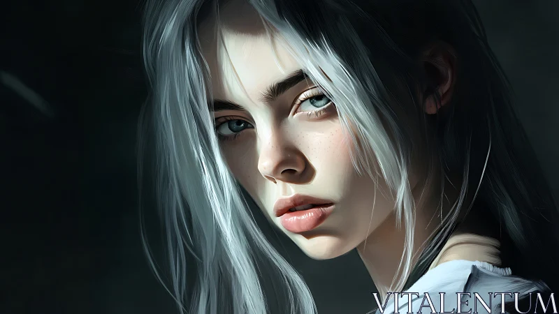 Silver-haired woman portrait under dramatic side light.