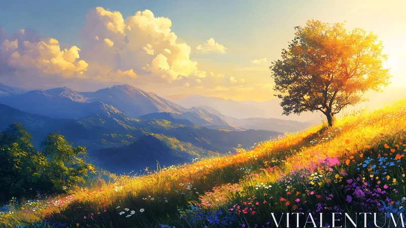 Golden hillside tree glows above wildflower mountain valley