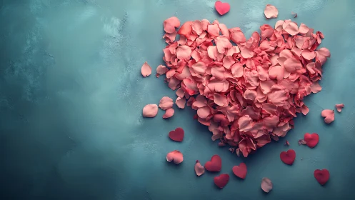 Rose petals and heart shapes arranged on textured teal surface