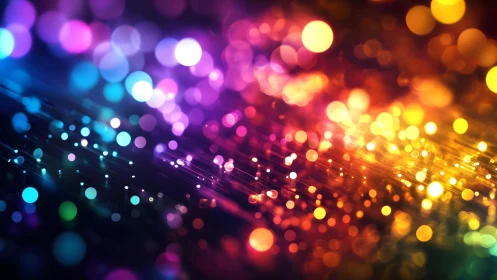 Vibrant abstract bokeh lights in rainbow spectrum, digital art style.