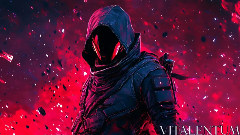 Cybernetic rogue in crimson particle storm digital portrait.