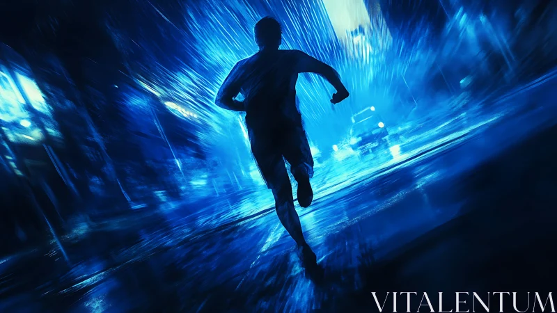 Silhouette of a running figure crosses a wet urban street