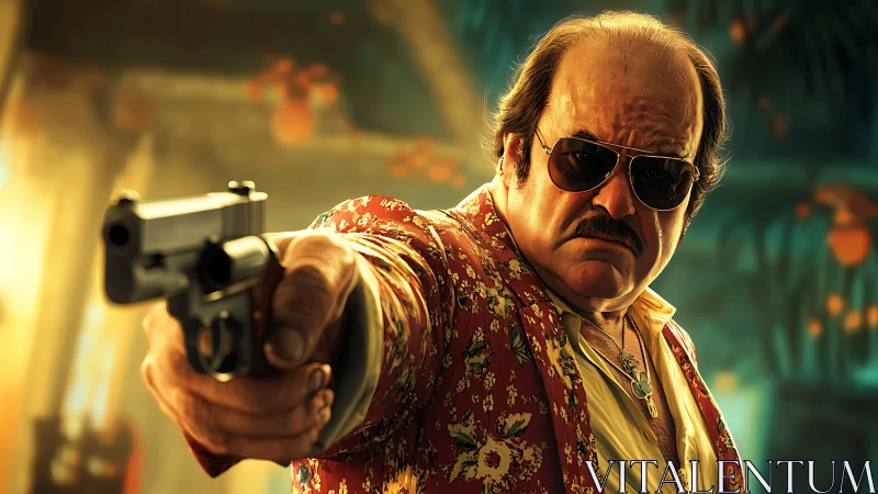 Middle aged man aiming handgun in tropical interior setting.