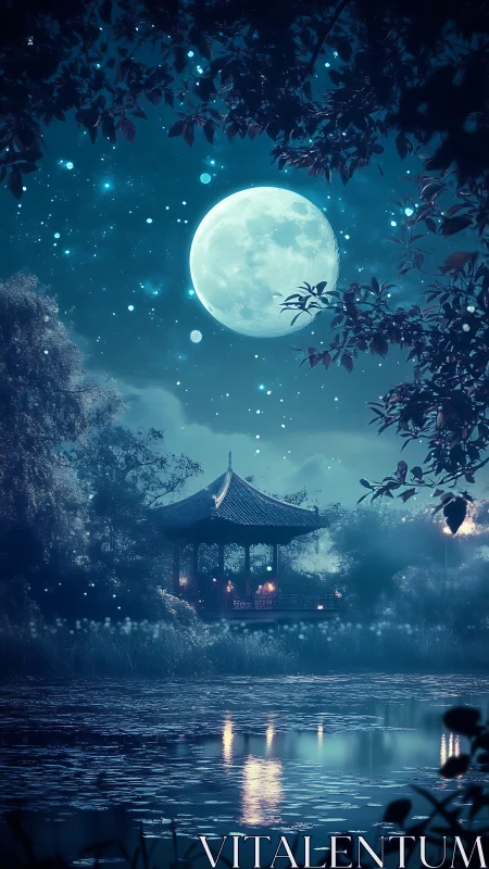 Moonlit pavilion hums quietly above a silver lily pond