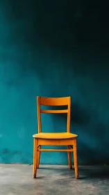 Yellow wooden chair against teal textured wall.
