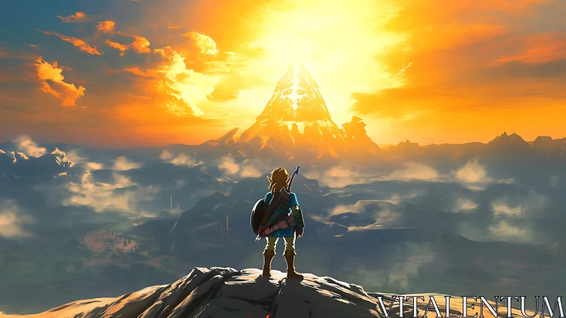 Backlit fantasy explorer surveying irradiated volcanic horizon.