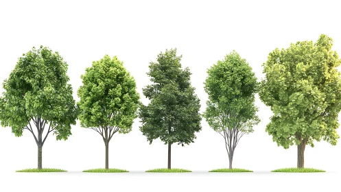 Lush deciduous trees stand in a clean, bright studio space