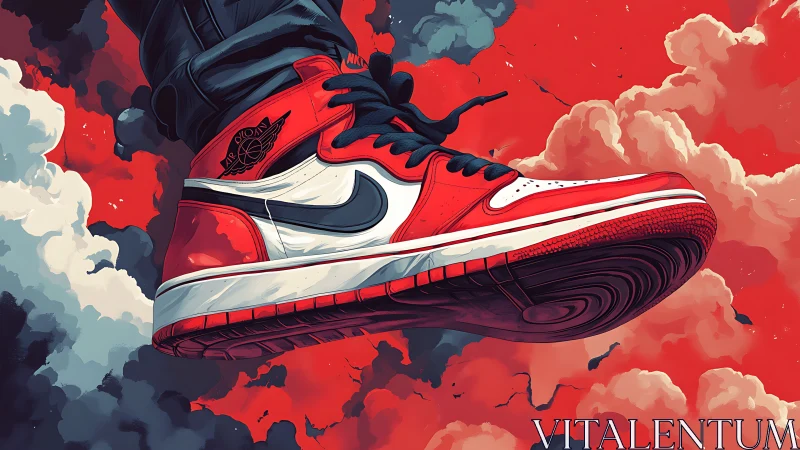 Sky-striding sneaker hero over storm-tossed crimson clouds.