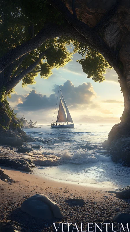 Sunlit cove doorway framing a gentle evening sailboat journey.