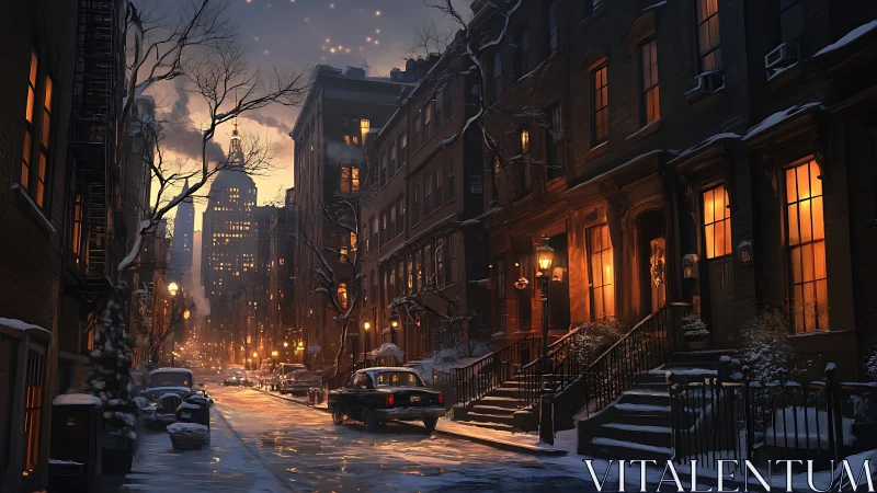 Snow-covered city street with lit windows at dusk.