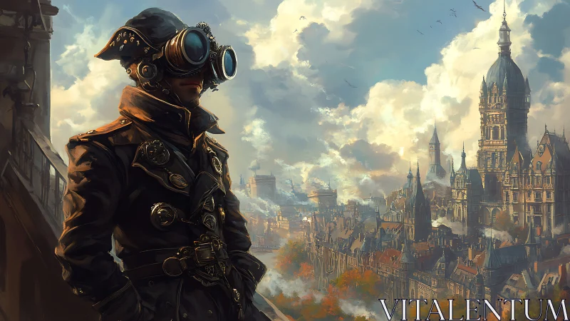 Steampunk skywatcher on balcony above neo-baroque cityscape.