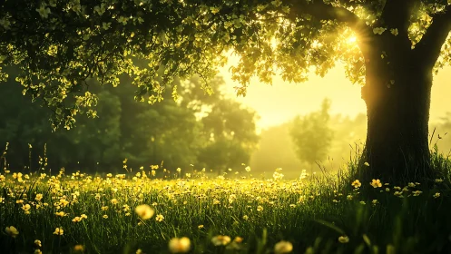 Sunlit meadow under large tree with yellow wildflowers.