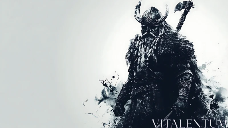 Monochrome Viking warrior rendered as splatter-ink silhouette.
