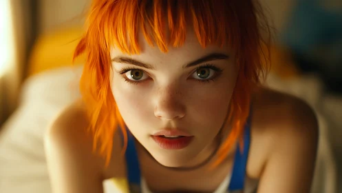 Cinematic close-up of freckled girl with vivid orange hair.
