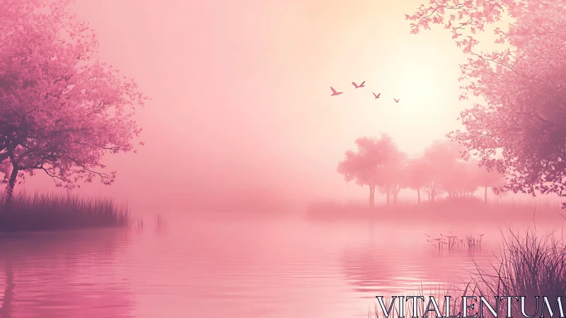 Blushing dawn hums over misty water where silhouettes drift