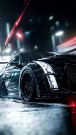 Low-angle render shows wet asphalt reflections on tuned black coupe