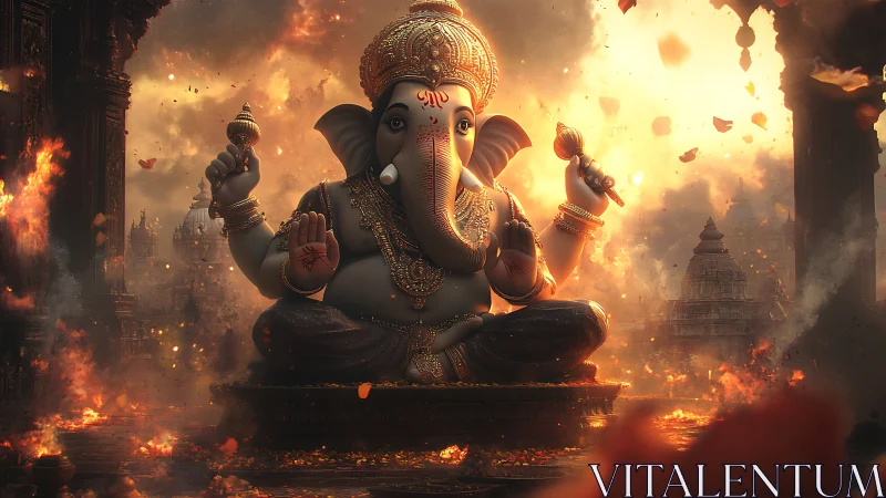 Ganesha statue glows amid embers and stormlit temple ruins.