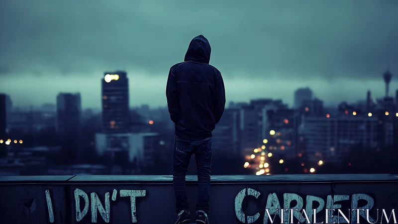 Hooded silhouette rewrites city gloom into restless neon doubt