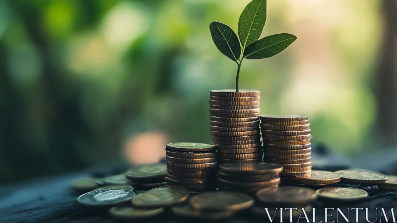 Green sprouts on coin towers promise patient, ethical profit.