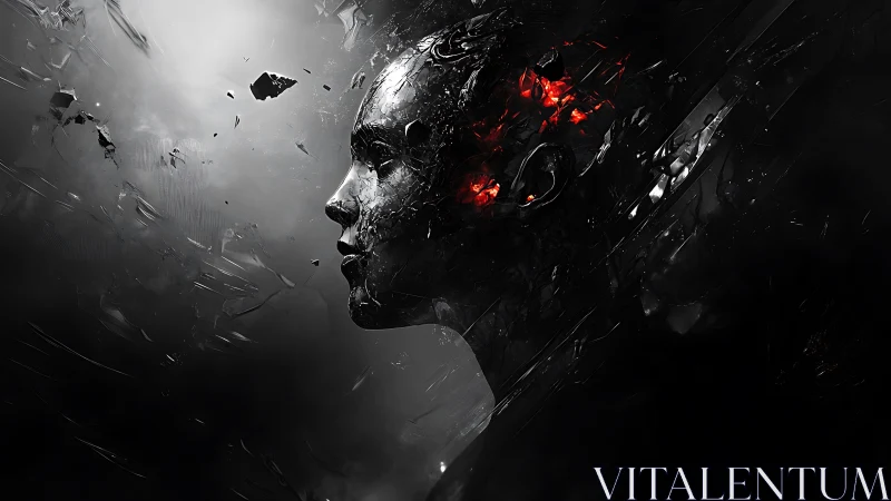 Shattered cybernetic profile glows with inner red embers.