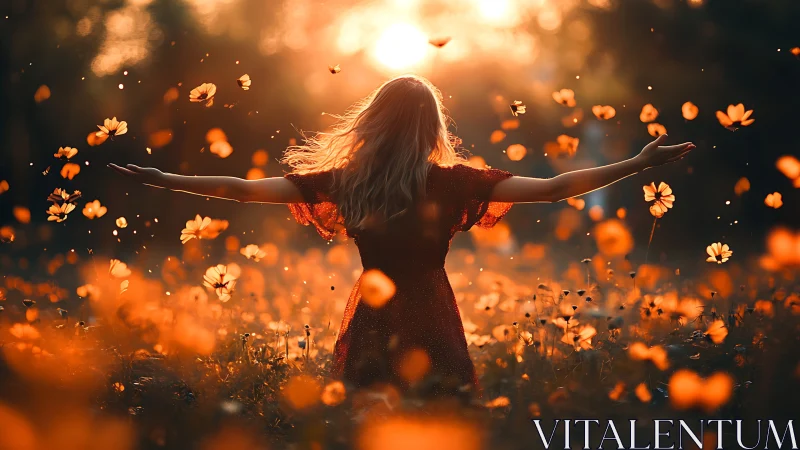 Sunlit wildflower dance around a free-spirited silhouette.