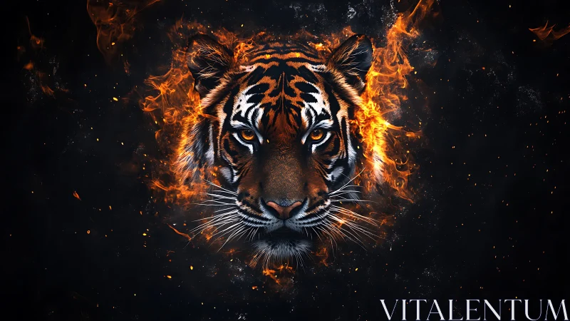 Hyper-detailed tiger portrait emerging through dynamic volumetric flames