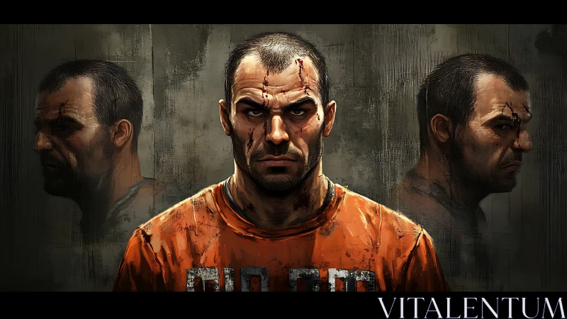 Injured prisoner stares forward in triptych portrait