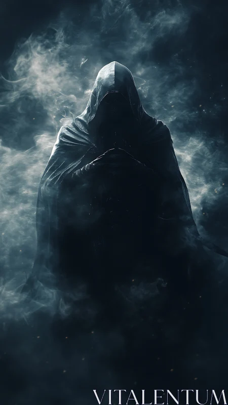 Hooded shadow oracle emerging from embers and mist.
