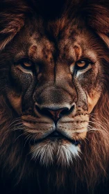 Lion face close-up shows detailed fur and intense eyes