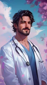 Confident male doctor portrait in stylized outdoor scene.