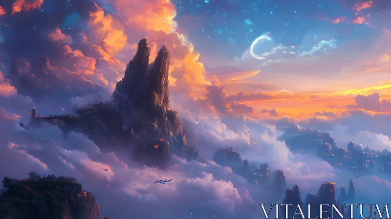 Dreamlike sky kingdom floating above glowing sunset clouds.