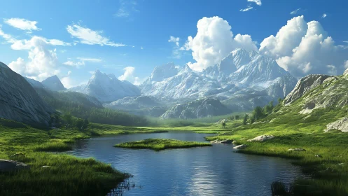 Photoreal mountain valley panorama with reflective river scene.