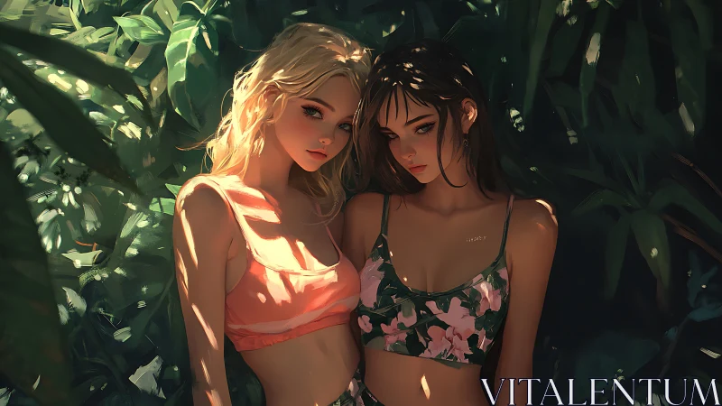 Sun-dappled duo rendered with soft-rim lighting in dense foliage