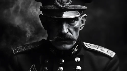 Shadowed general in smoky light, stern gaze and medals.