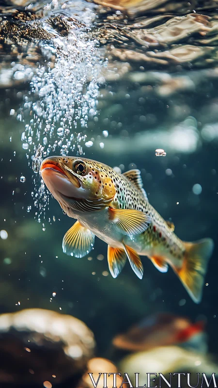 Brown trout ascends through sparkling underwater bubbles.