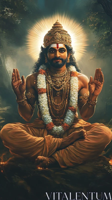 Divine ascetic in padmasana with radiant backlight and ornate jewelry